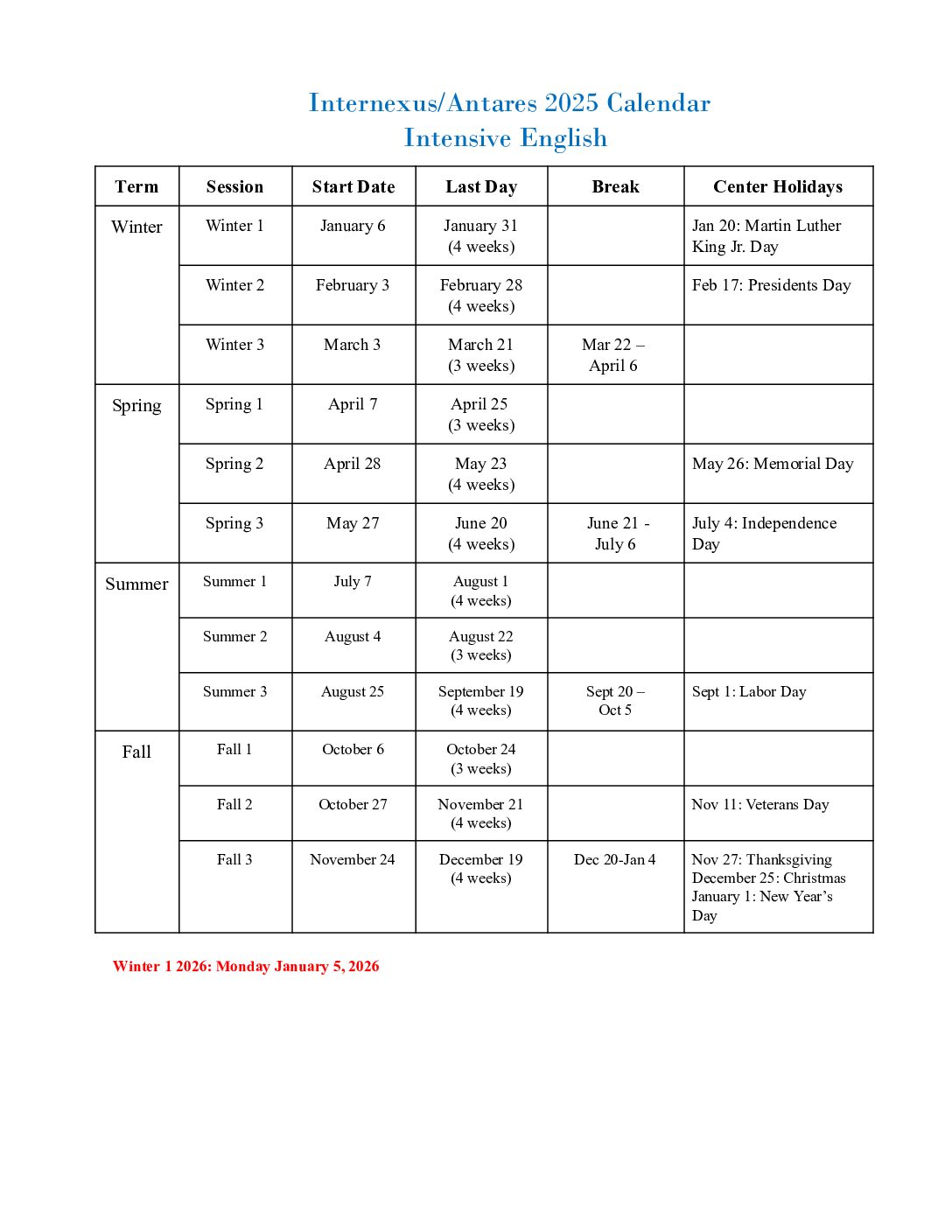 Internexus/Antares 2025 intensive English calendar
